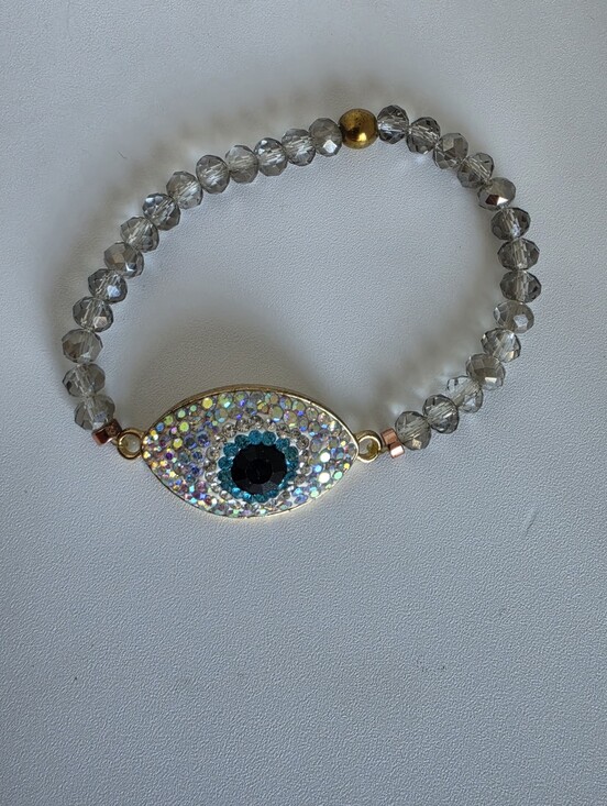 Handmade Jewelry - Handmade Evil Eye Stretch Bracelet Gray Crystal Beaded  Protection Charm